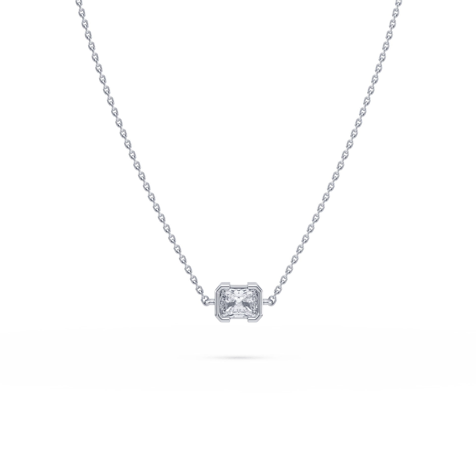 Front view of the Muse Radiant Lab Diamond Pendant in 14K white gold, showcasing its radiant-cut lab diamond in a half-bezel setting.