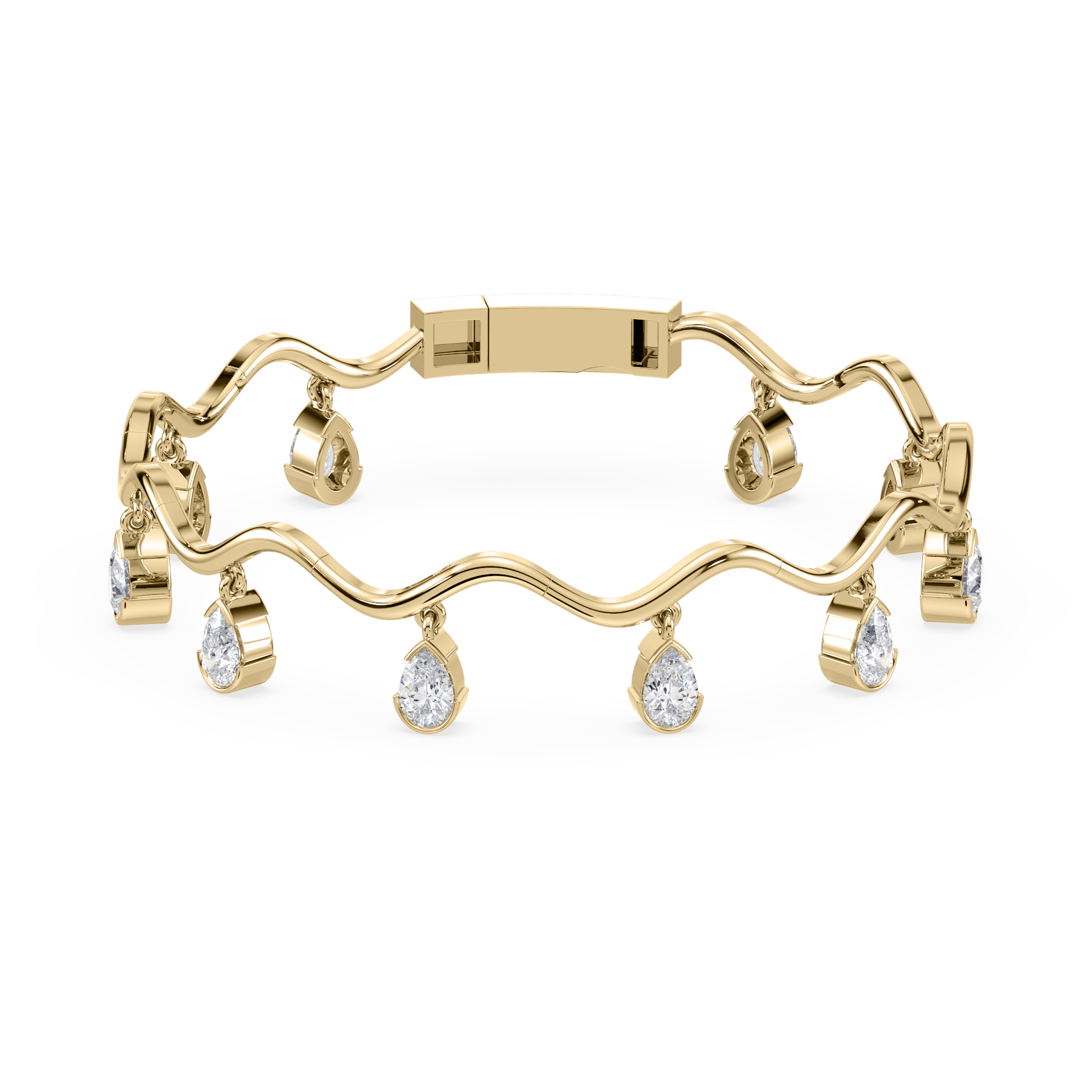 Front view of the Coquette Lab Diamond Fringe Bracelet in 14K yellow gold, showcasing ten dangling pear-shaped lab-grown diamonds.