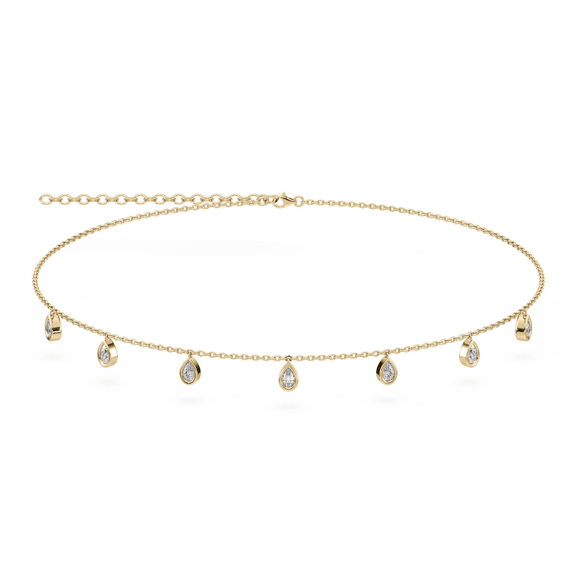 Front view of the Aura Pear Lab Diamond Necklace in 14K yellow gold, showcasing asymmetrical bezels and pear-cut lab-grown diamonds.