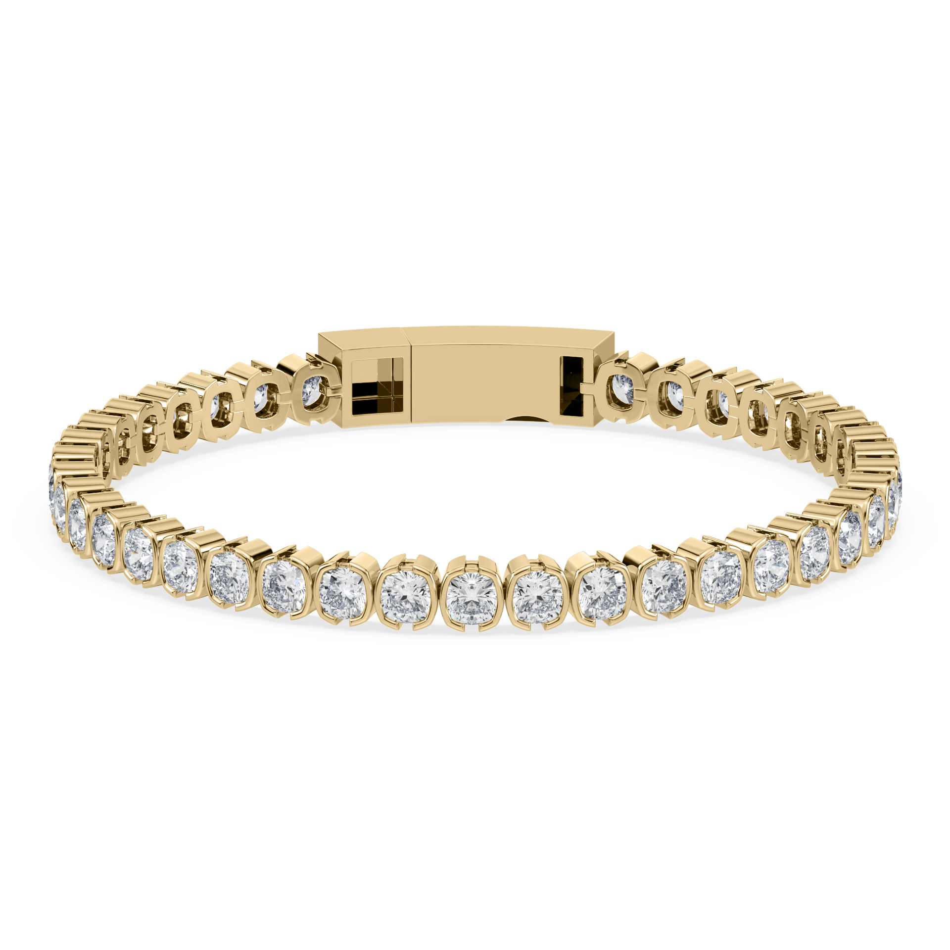 Front view of the Muse Cushion Lab Diamond Tennis Bracelet in 14K yellow gold, showcasing its semi-bezel setting and cushion-cut lab-grown diamonds.