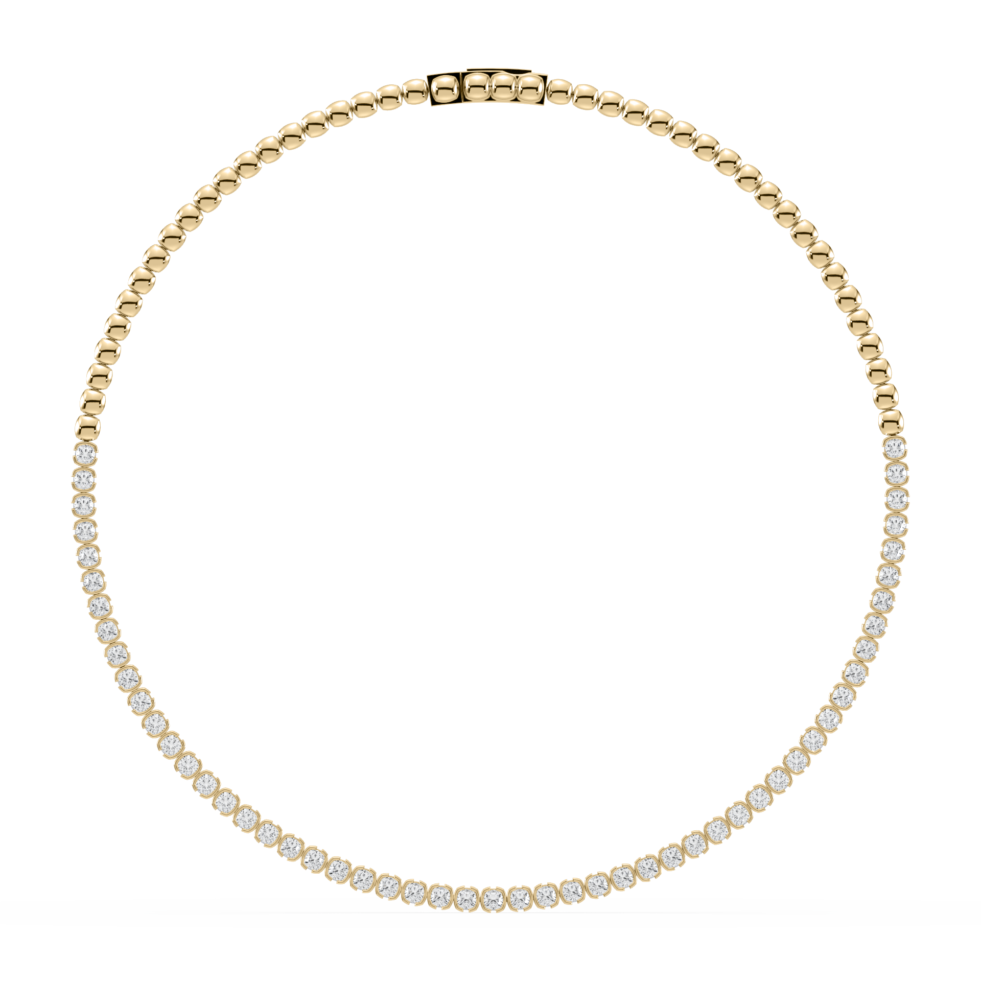 Front view of the Muse Cushion Lab Diamond Tennis Necklace in 14K yellow gold, showcasing its semi-bezel setting and cushion-cut lab diamonds.