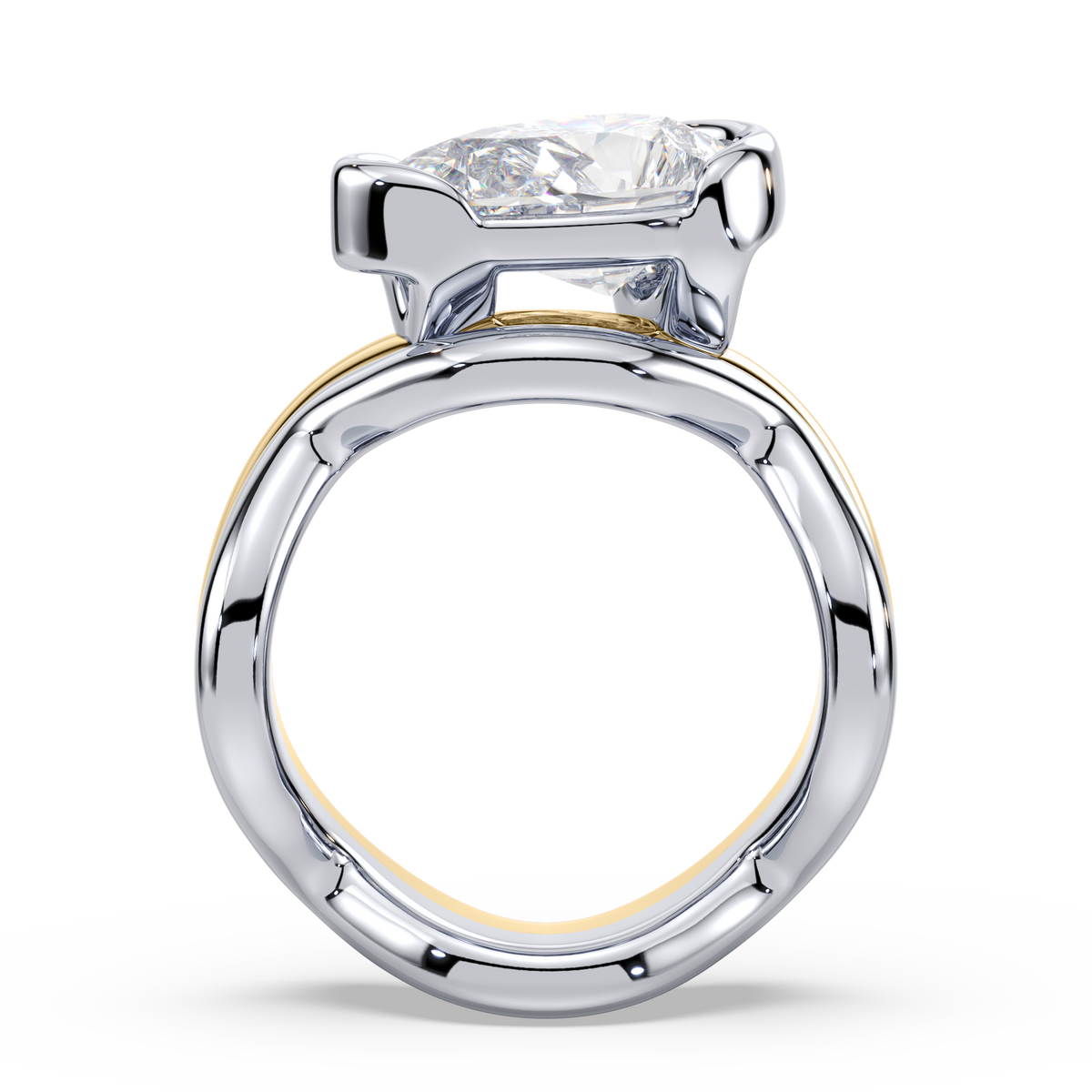 Side view of a pear-shaped diamond ring showing the sculptural two-tone gold band and diamond setting.