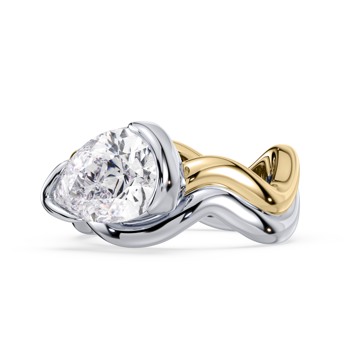 Angled view of a white pear-shaped lab-grown diamond ring in a curved two-tone gold setting.