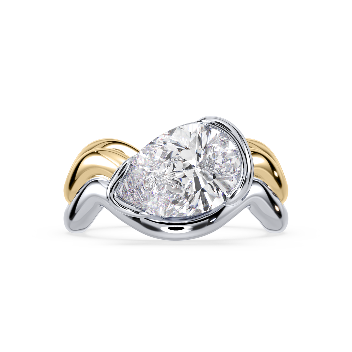 Pear-shaped lab-grown diamond ring in a sculptural two-tone gold setting with curved bands on a white background.
