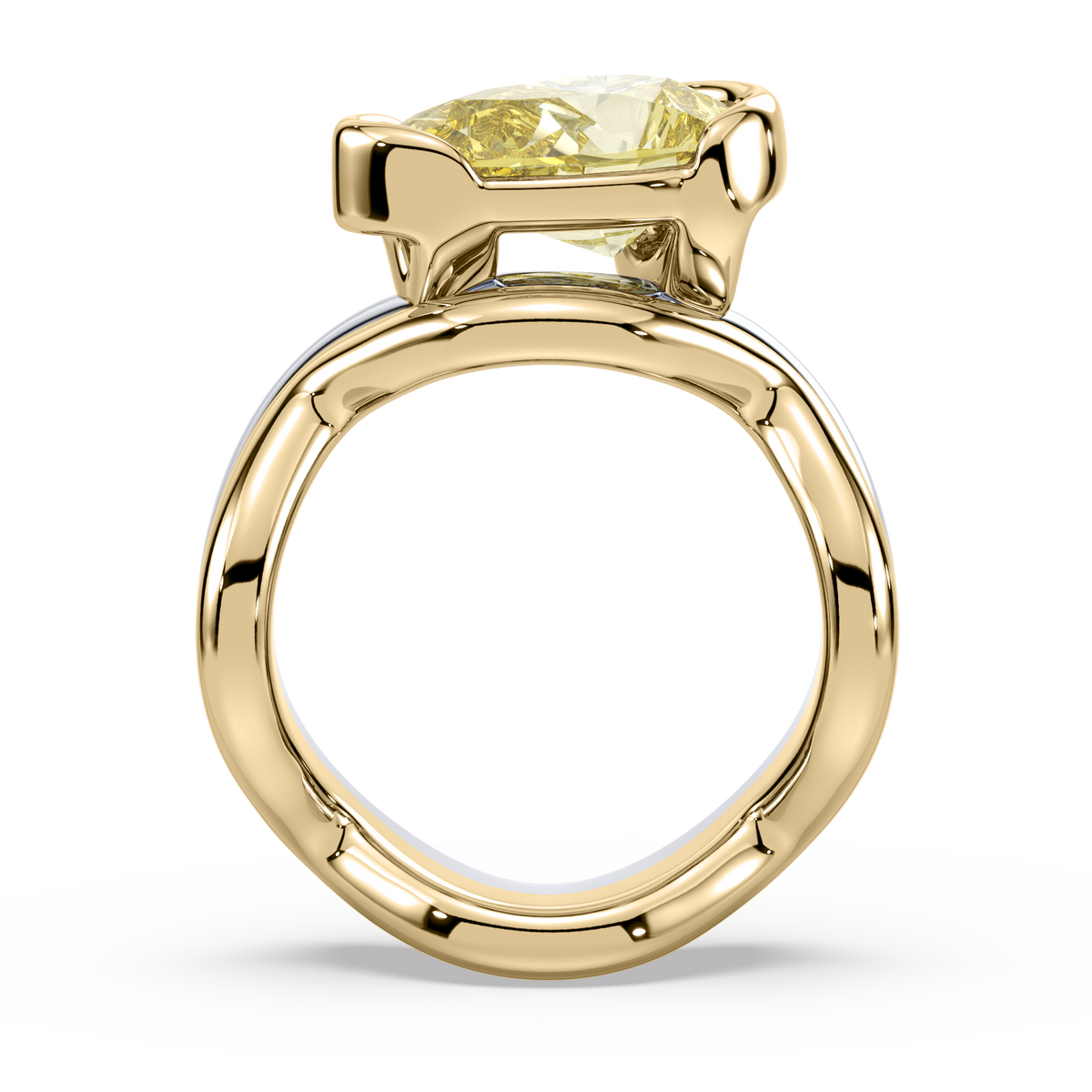 Back view of a pear-shaped diamond ring showing the circular gold band and open setting structure.