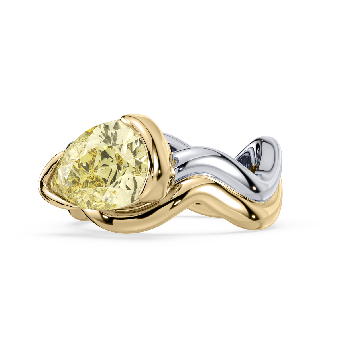Angled view of a yellow pear-shaped lab-grown diamond ring in a sculptural gold setting.
