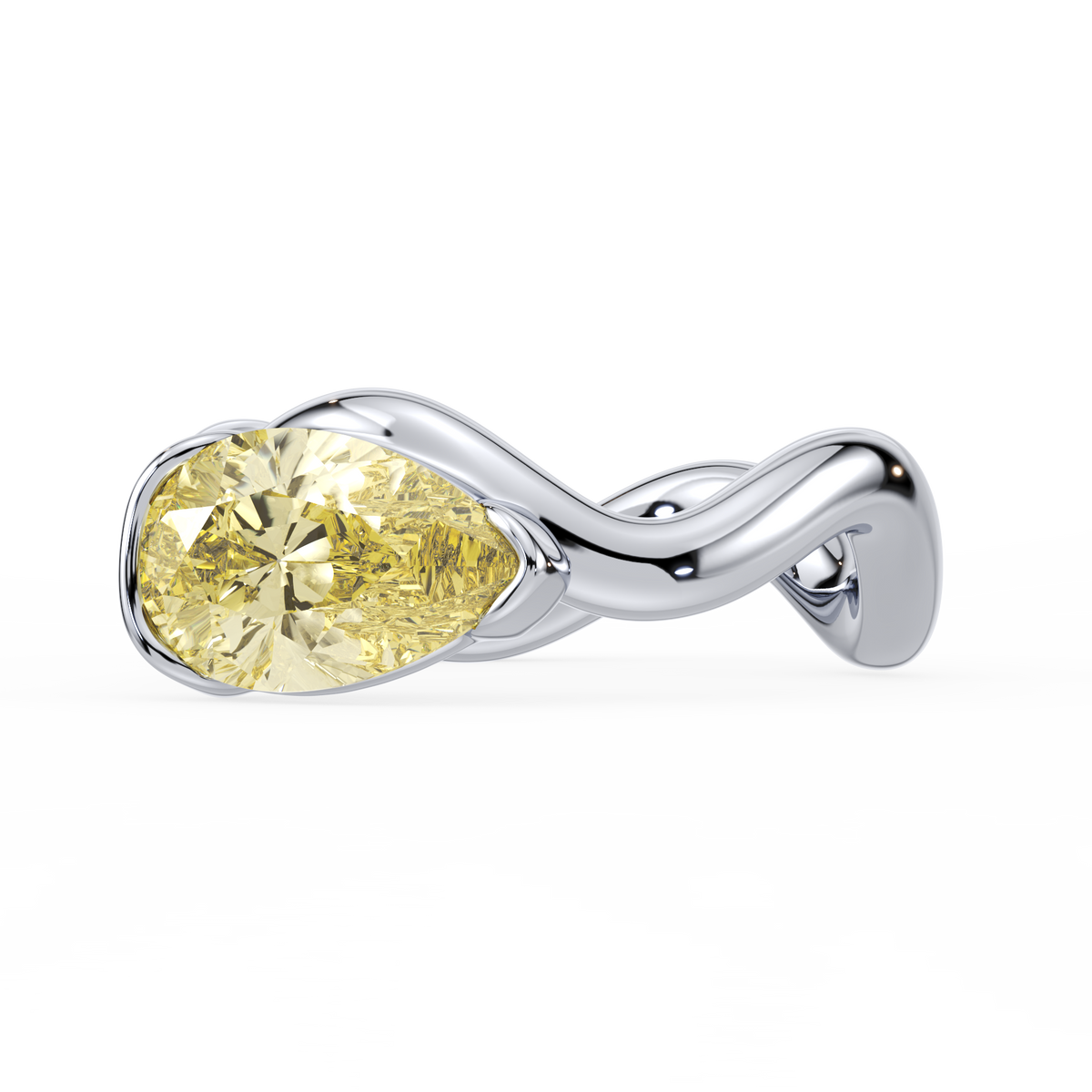 white gold ring with a yellow lab diamond on a white background