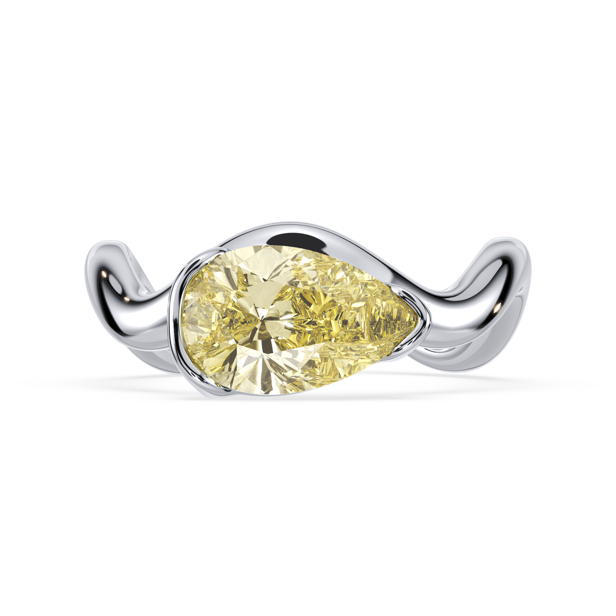 Diamond ring with a pear-shaped yellow lab diamond on a white background