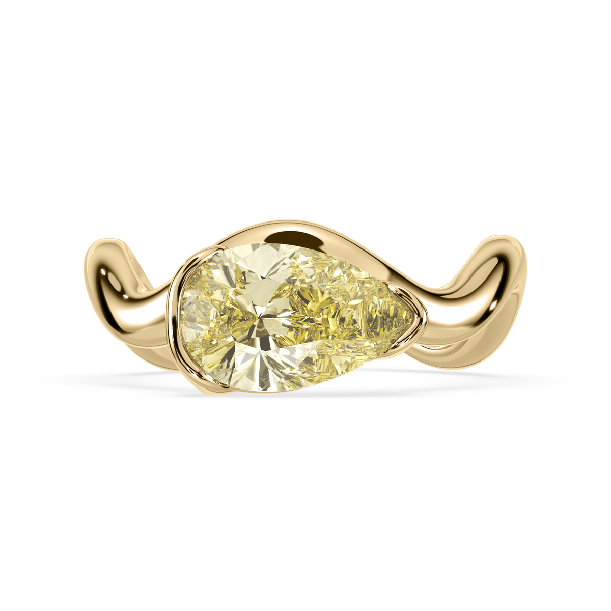 Gold ring with a pear-shaped yellow lab diamond on a white background