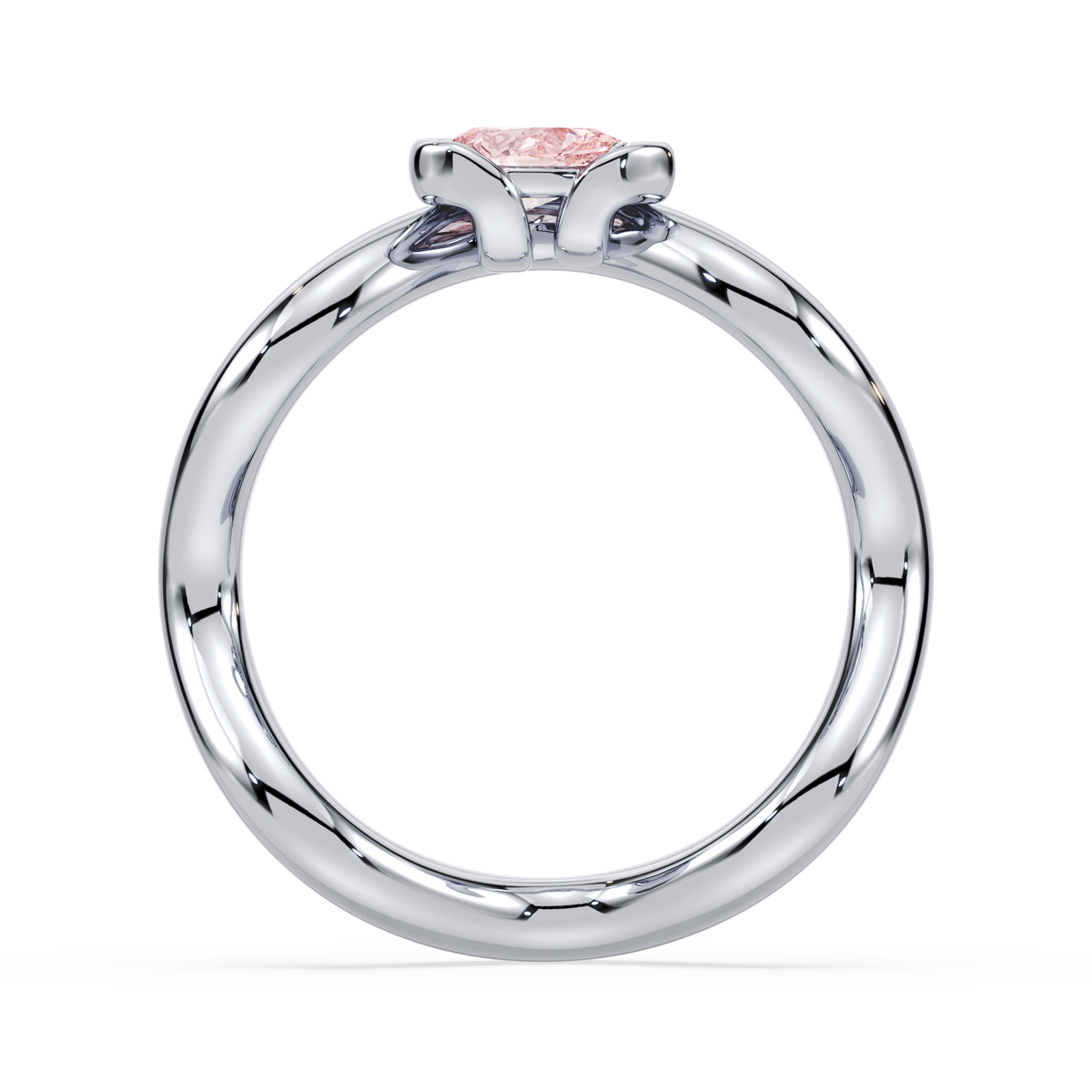 0.2 CT pear-shaped pink lab diamond ring in an 18K white gold band shown from the side profile.