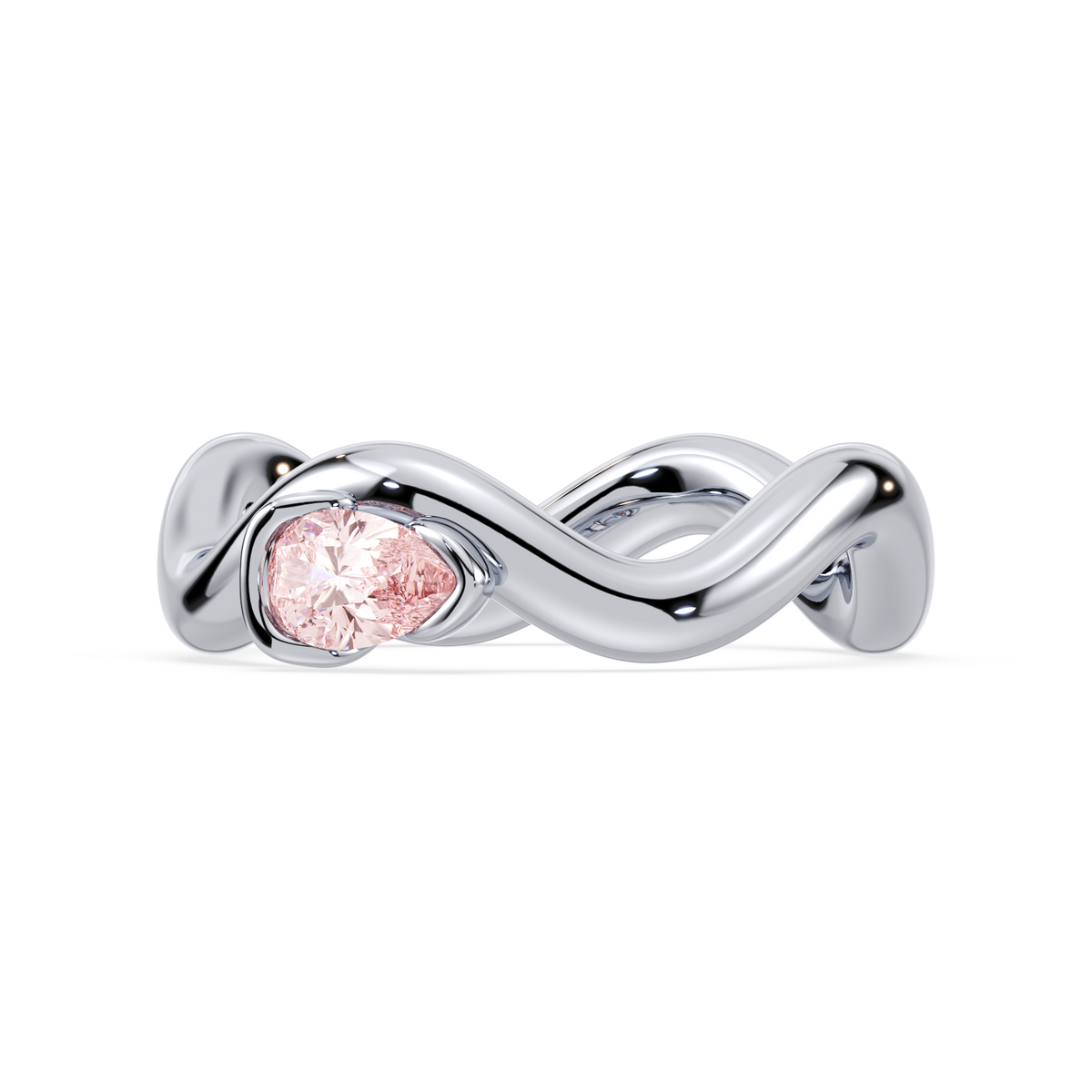 0.2 CT pear-shaped pink lab diamond ring set in a sculptural 18K white gold band viewed at an angle.