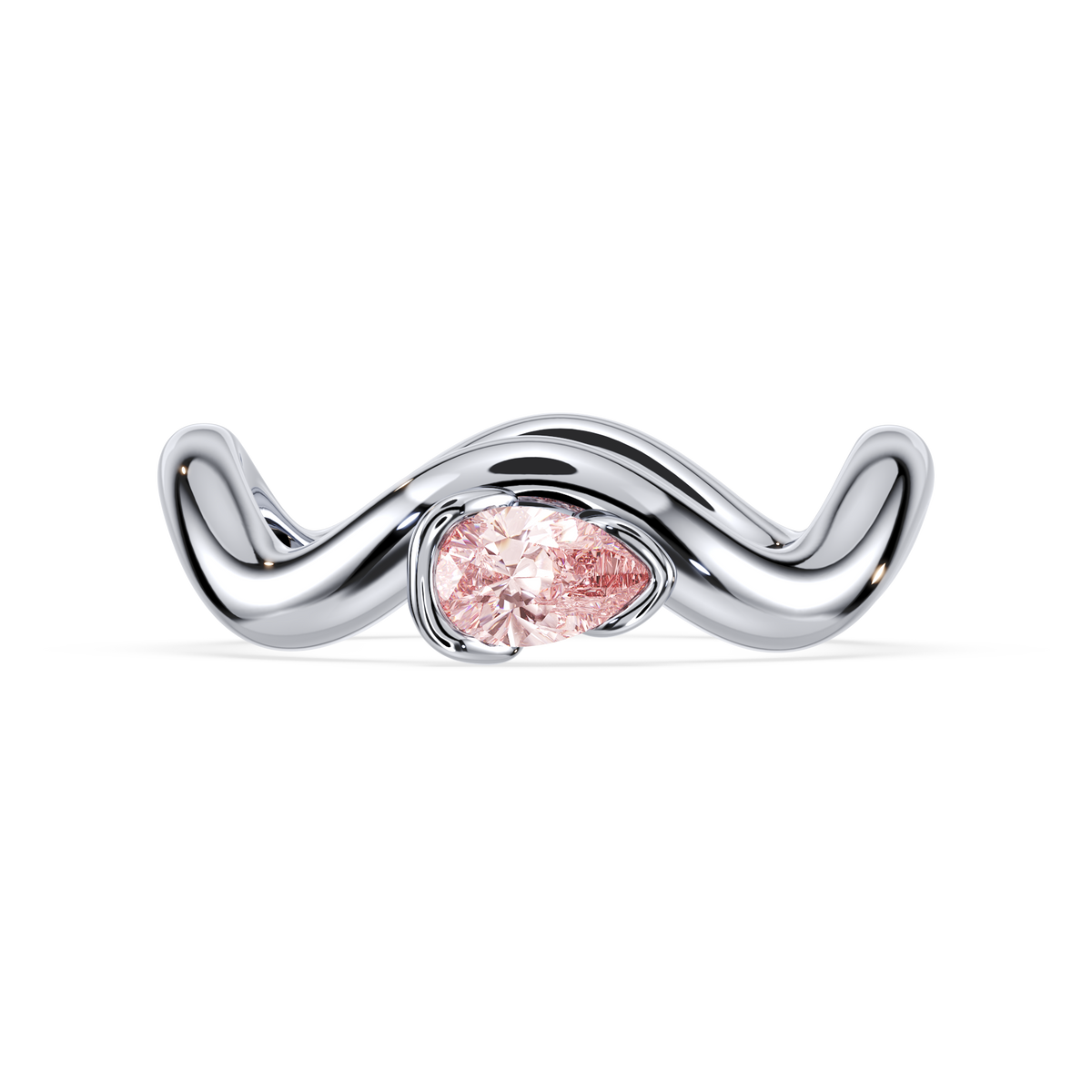 0.2 CT pear-shaped pink lab diamond ring in an 18K white gold sculptural band on a white background.