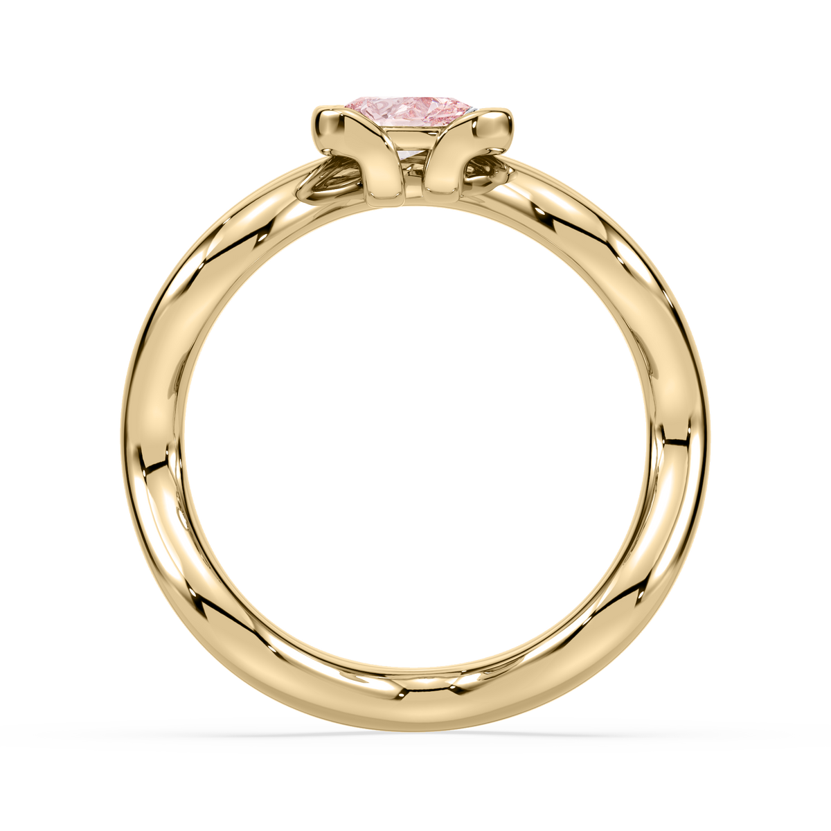 Side view of a 0.2 CT pear-shaped pink lab diamond ring in an 18K yellow gold band.