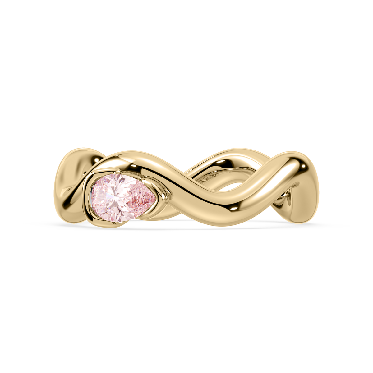 0.2 CT pear-shaped pink lab diamond ring in a sculptural 18K yellow gold band on a white background.