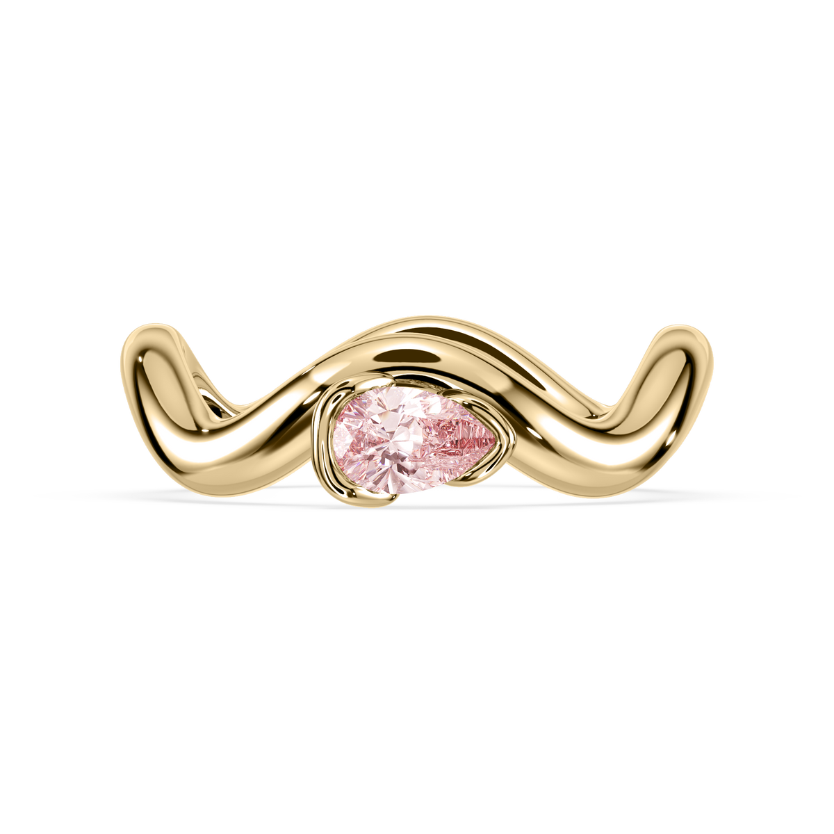 0.2 CT pear-shaped pink lab diamond ring set in a sculptural 18K yellow gold band viewed from the front.