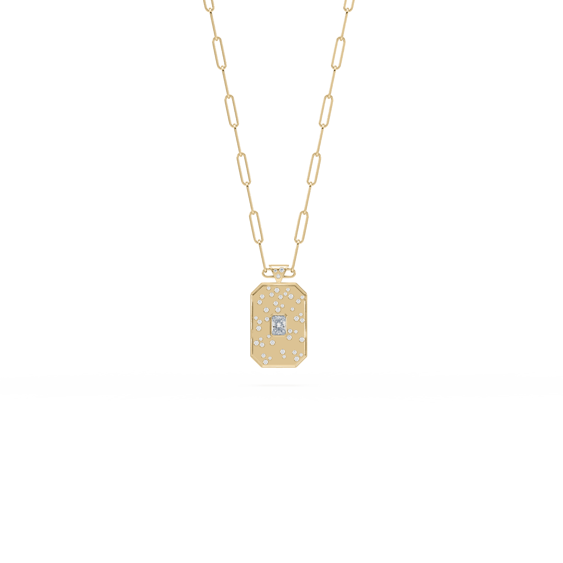 SETTE JEWELRY, 18K YELLOW GOLD, DOG TAG NECKLACE, PENDANT, PAPERCLIP CHAIN, RADIANT DIAMOND, BURNISHED SETTING