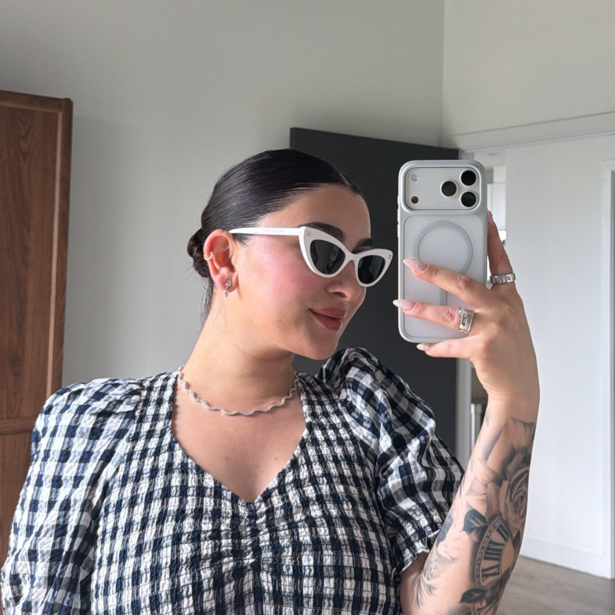 SETTE Jewelry UGC — Coquette Drop Earrings in 14k white gold, worn with cat-eye sunglasses and a gingham top.