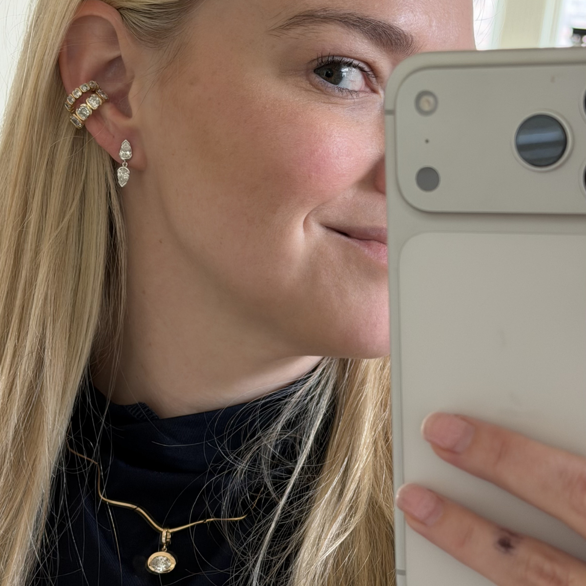 SETTE Jewelry UGC — Coquette pear drop earrings in 14k gold, stacked with a multi-stone ear cuff and an oval bezel pendant necklace.