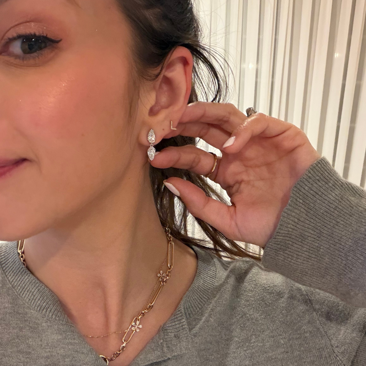 SETTE Jewelry UGC —  Coquette pear drop earrings in 14k gold, layered with a paperclip chain necklace.