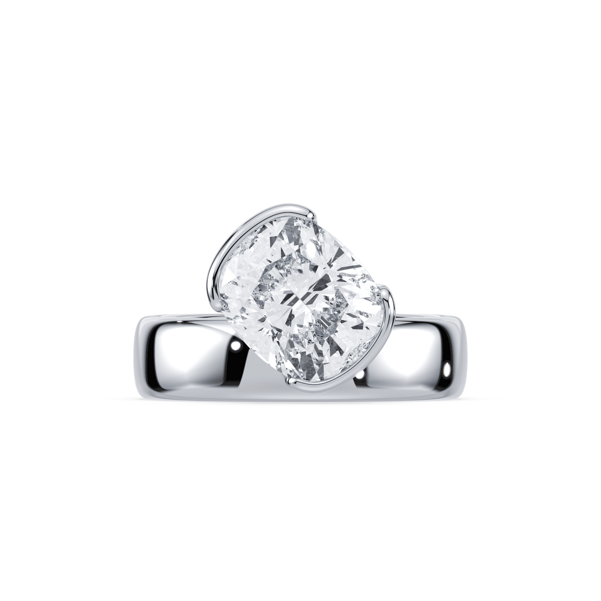 SETTE JEWELRY, 18K WHITE GOLD, CUSHION LAB GROWN DIAMOND, WIDE BAND, TILTED DIAMOND, SIDEWAYS DIAMOND, BEZEL SETTING, HALF BEZEL SETTING