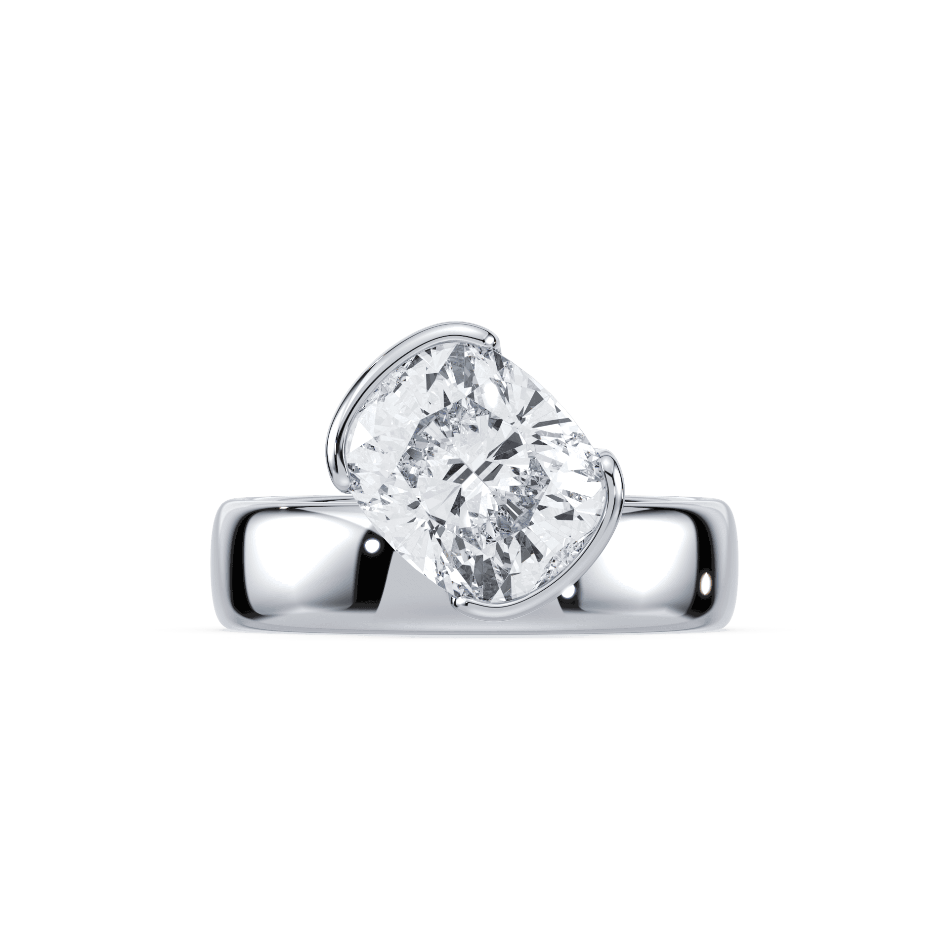 SETTE JEWELRY, 18K WHITE GOLD, CUSHION LAB GROWN DIAMOND, WIDE BAND, TILTED DIAMOND, SIDEWAYS DIAMOND, BEZEL SETTING, HALF BEZEL SETTING