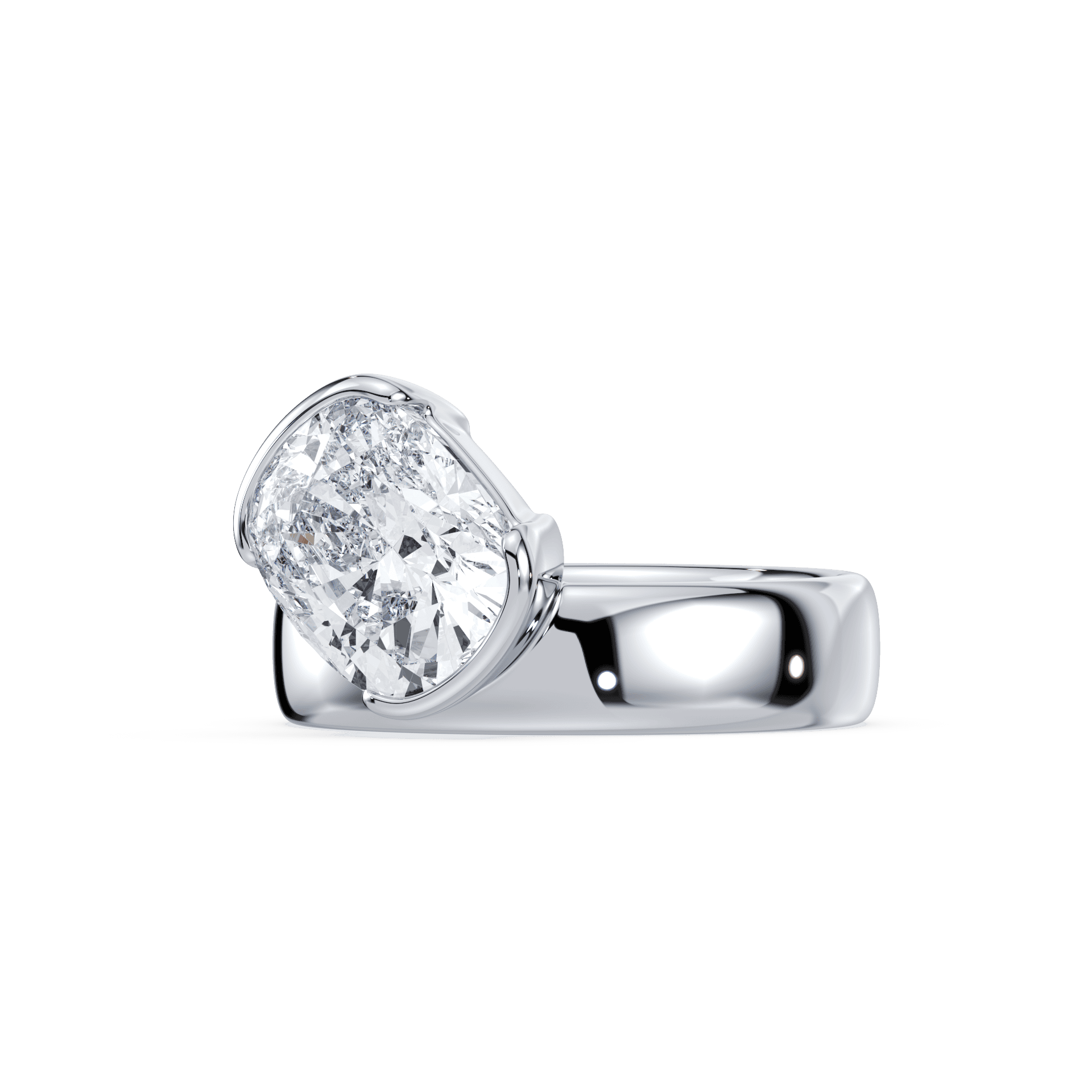 SETTE JEWELRY, 18K WHITE GOLD, CUSHION LAB GROWN DIAMOND, WIDE BAND, TILTED DIAMOND, SIDEWAYS DIAMOND, BEZEL SETTING, HALF BEZEL SETTING