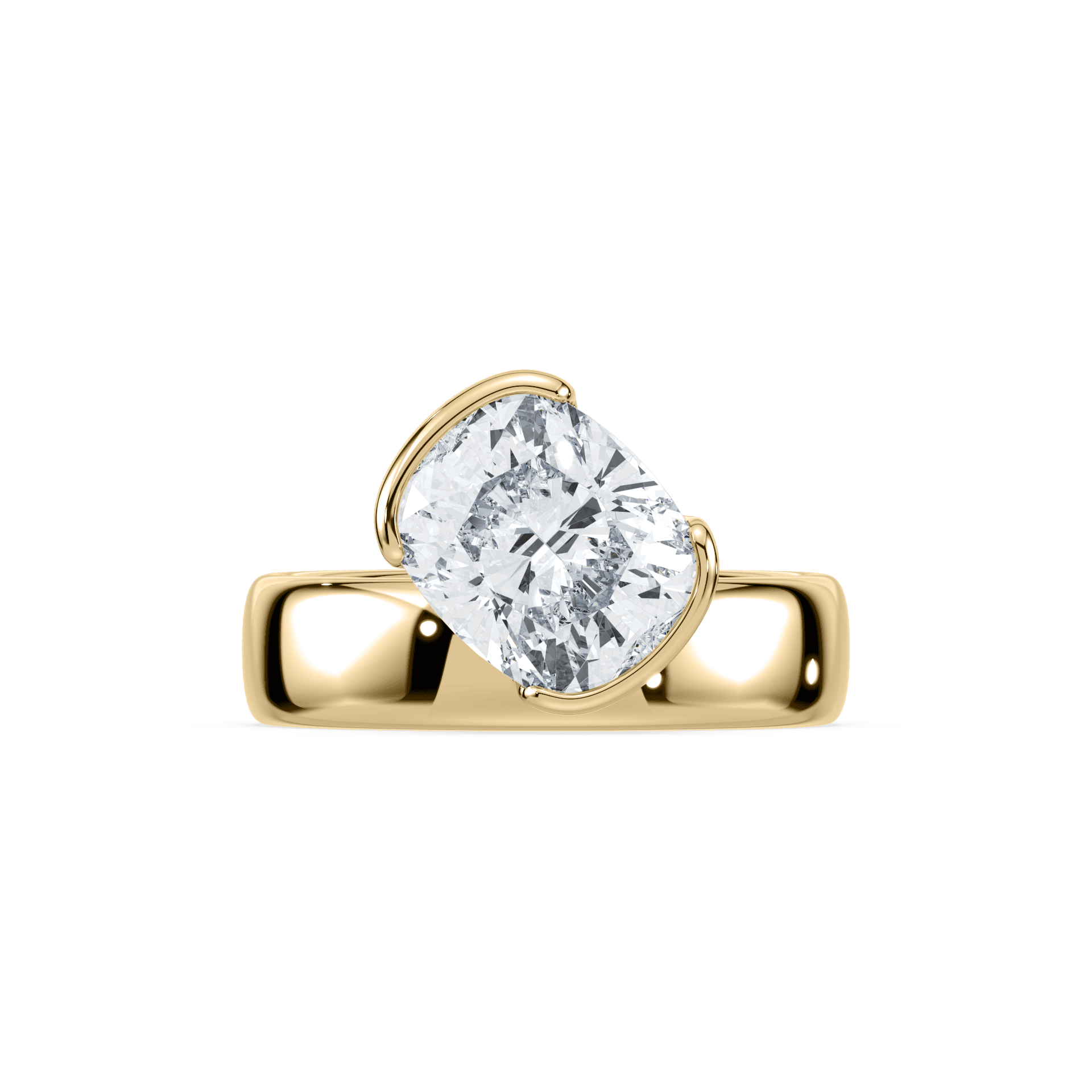 SETTE JEWELRY, 18K YELLOW GOLD, CUSHION LAB GROWN DIAMOND, WIDE BAND, TILTED DIAMOND, SIDEWAYS DIAMOND, BEZEL SETTING, HALF BEZEL SETTING