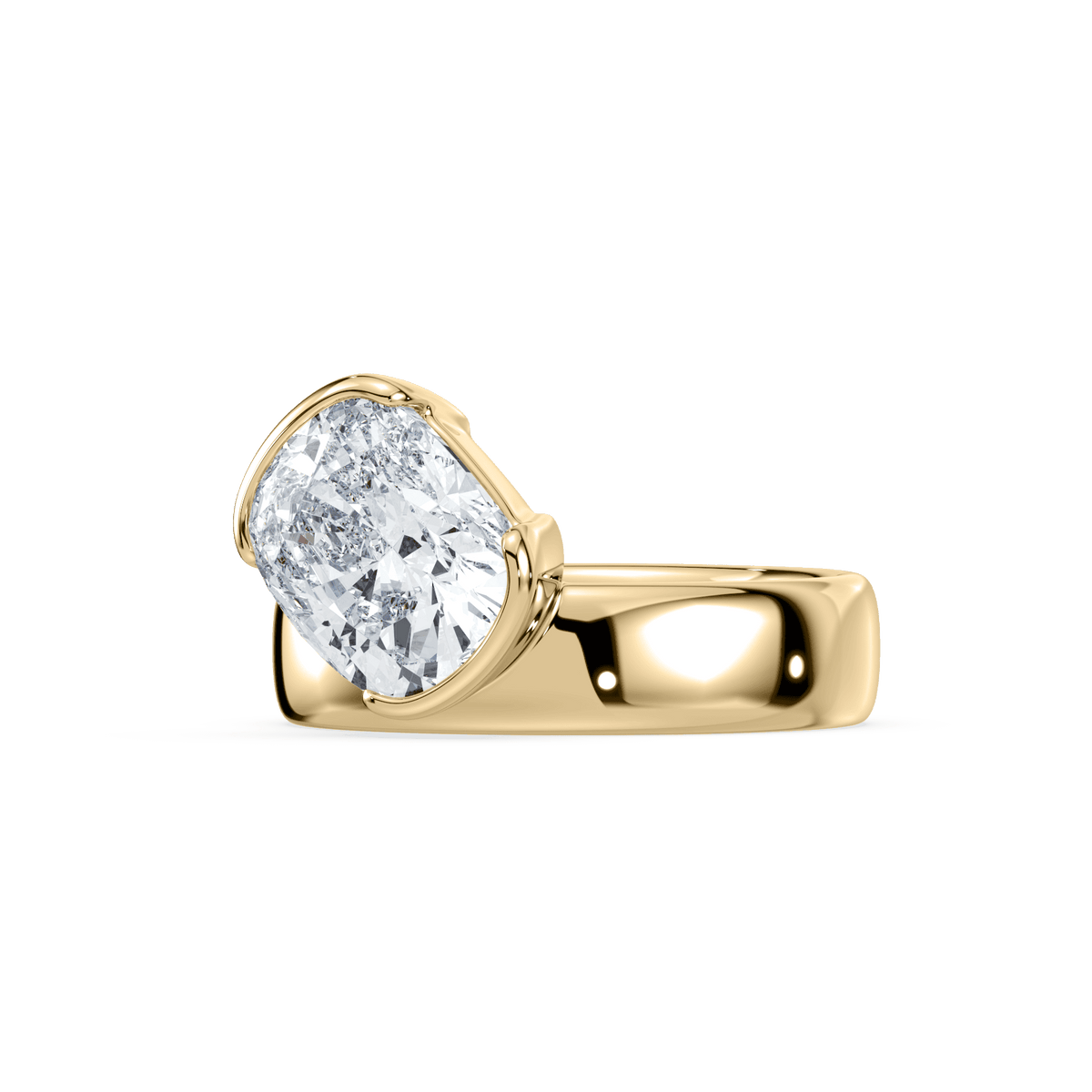 SETTE JEWELRY, 18K YELLOW GOLD, CUSHION LAB GROWN DIAMOND, WIDE BAND, TILTED DIAMOND, SIDEWAYS DIAMOND, BEZEL SETTING, HALF BEZEL SETTING