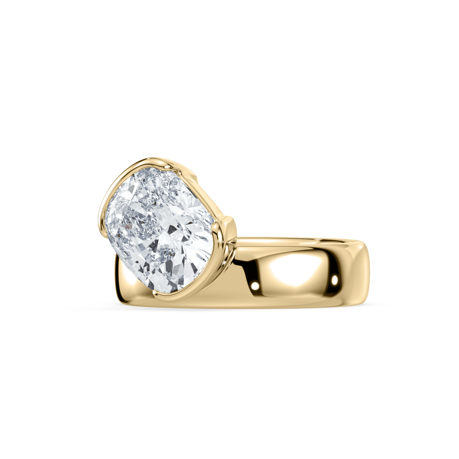 SETTE JEWELRY, 18K YELLOW GOLD, CUSHION LAB GROWN DIAMOND, WIDE BAND, TILTED DIAMOND, SIDEWAYS DIAMOND, BEZEL SETTING, HALF BEZEL SETTING