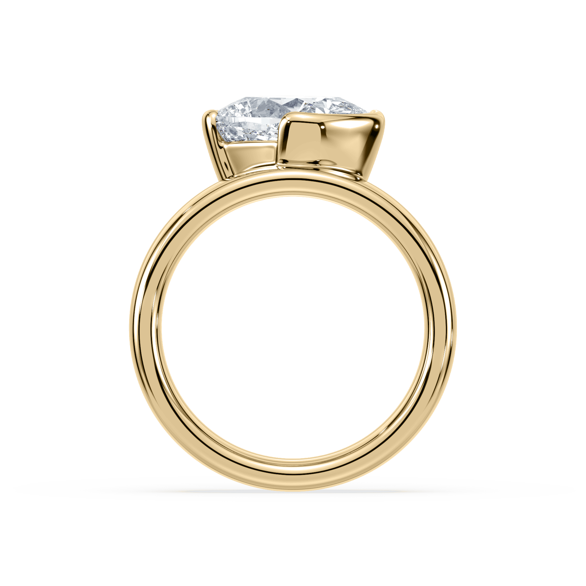 SETTE JEWELRY, 18K YELLOW GOLD, CUSHION LAB GROWN DIAMOND, WIDE BAND, TILTED DIAMOND, SIDEWAYS DIAMOND, BEZEL SETTING, HALF BEZEL SETTING