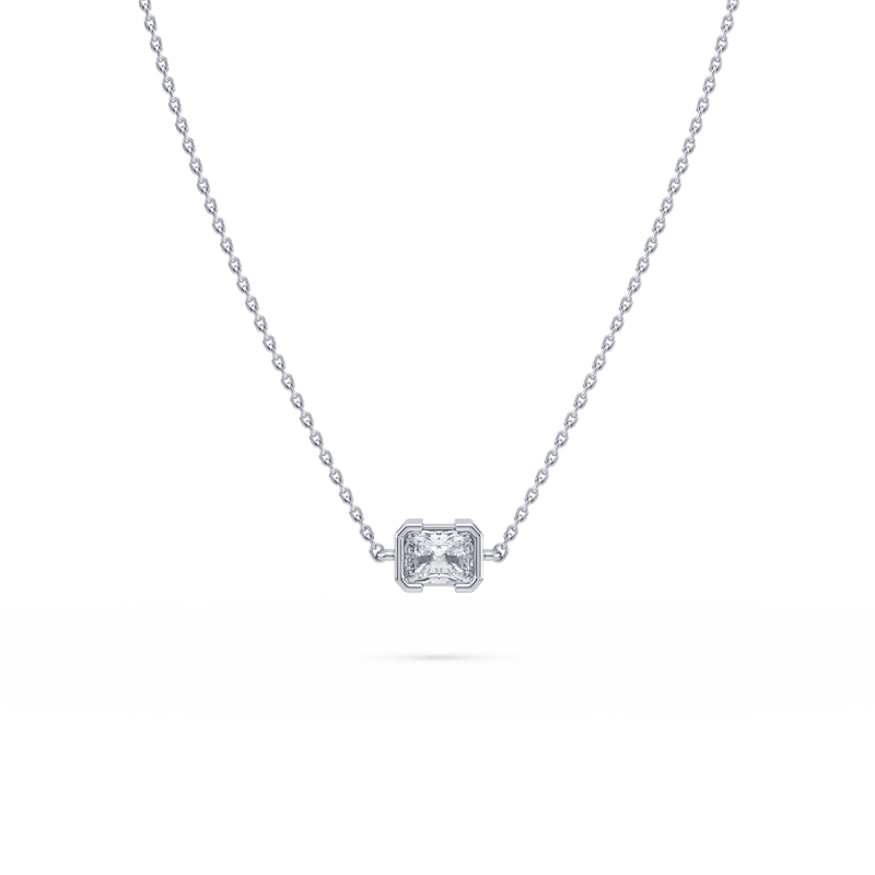 Front view of the Muse Radiant Lab Diamond Pendant in 14K white gold, showcasing its radiant-cut lab diamond in a half-bezel setting.