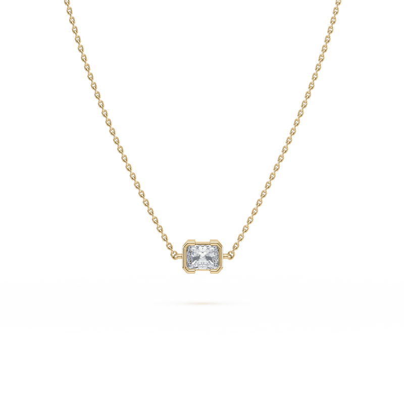 Front view of the Muse Radiant Lab Diamond Pendant in 14K yellow gold, showcasing its radiant-cut lab diamond in a half-bezel setting.