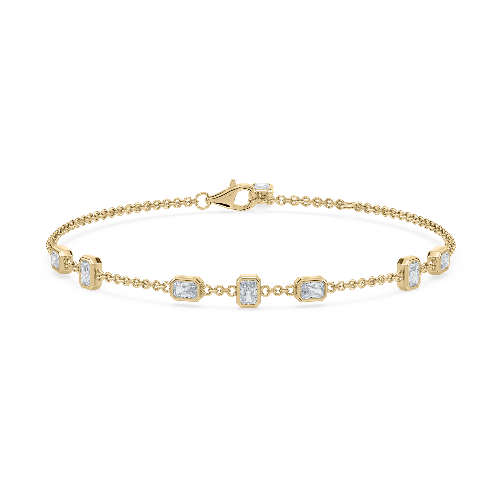 Gold bracelet with radiant-cut lab diamonds on a white background