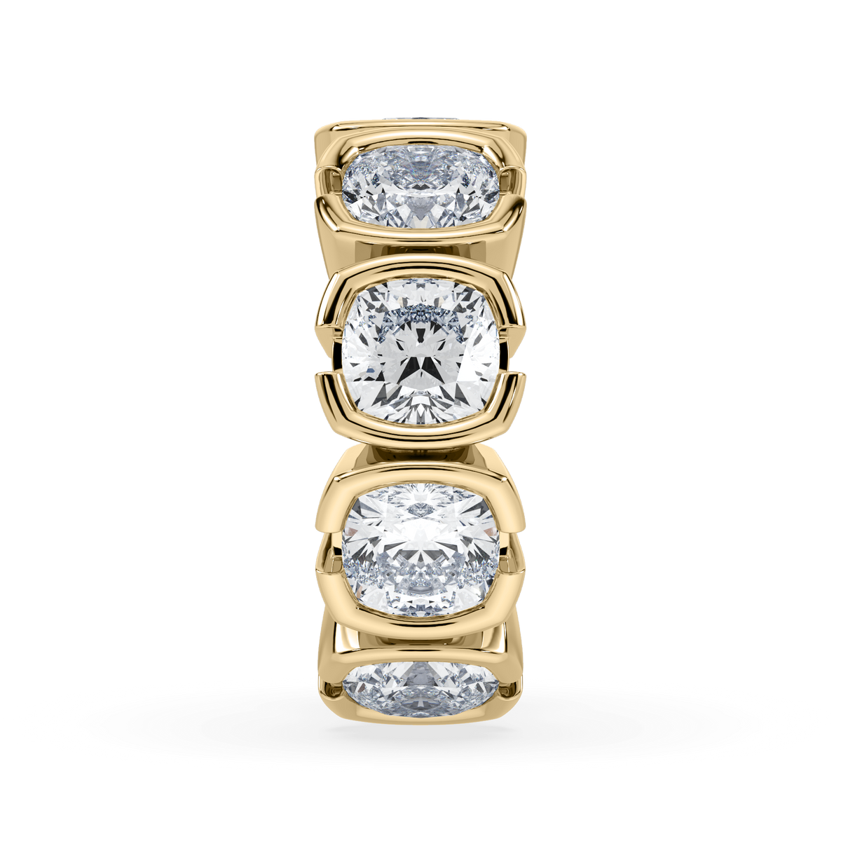 Muse Mega Cushion ear cuff with five cushion-cut lab diamonds (approx. 2.5 CTW) in 14K yellow gold full-bezel settings on a white background.