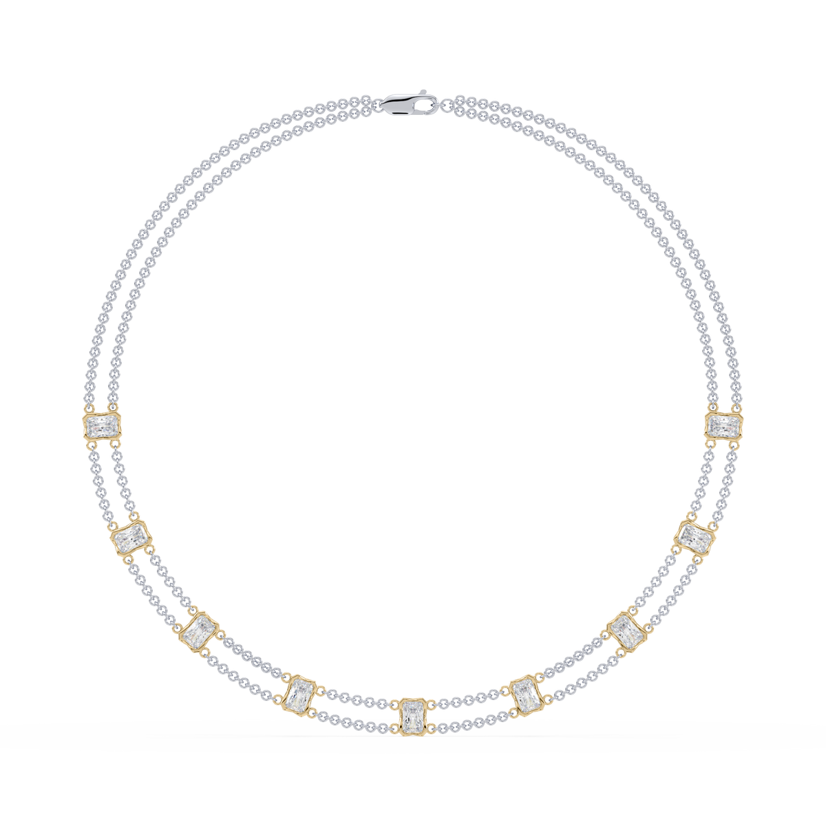 Full view of the Revel Radiant Lab Diamond Choker Necklace in 14K yellow gold, featuring layered dual chains and radiant-cut lab diamonds.

