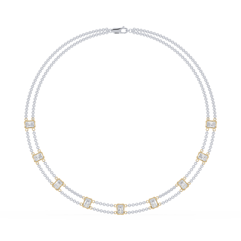 Full view of the Revel Radiant Lab Diamond Choker Necklace in 14K yellow gold, featuring layered dual chains and radiant-cut lab diamonds.

