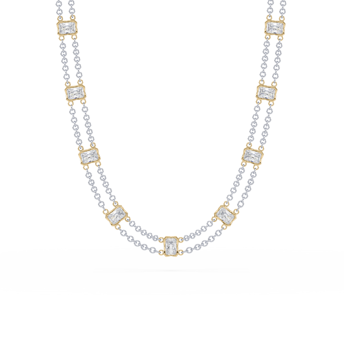 Full view of the Revel Radiant Lab Diamond Choker Necklace in 14K yellow gold, featuring layered dual chains and radiant-cut lab diamonds.

