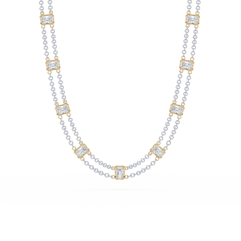 Full view of the Revel Radiant Lab Diamond Choker Necklace in 14K yellow gold, featuring layered dual chains and radiant-cut lab diamonds.

