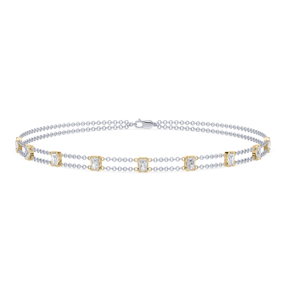 Full view of the Revel Radiant Lab Diamond Choker Necklace in 14K yellow gold, featuring layered dual chains and radiant-cut lab diamonds.

