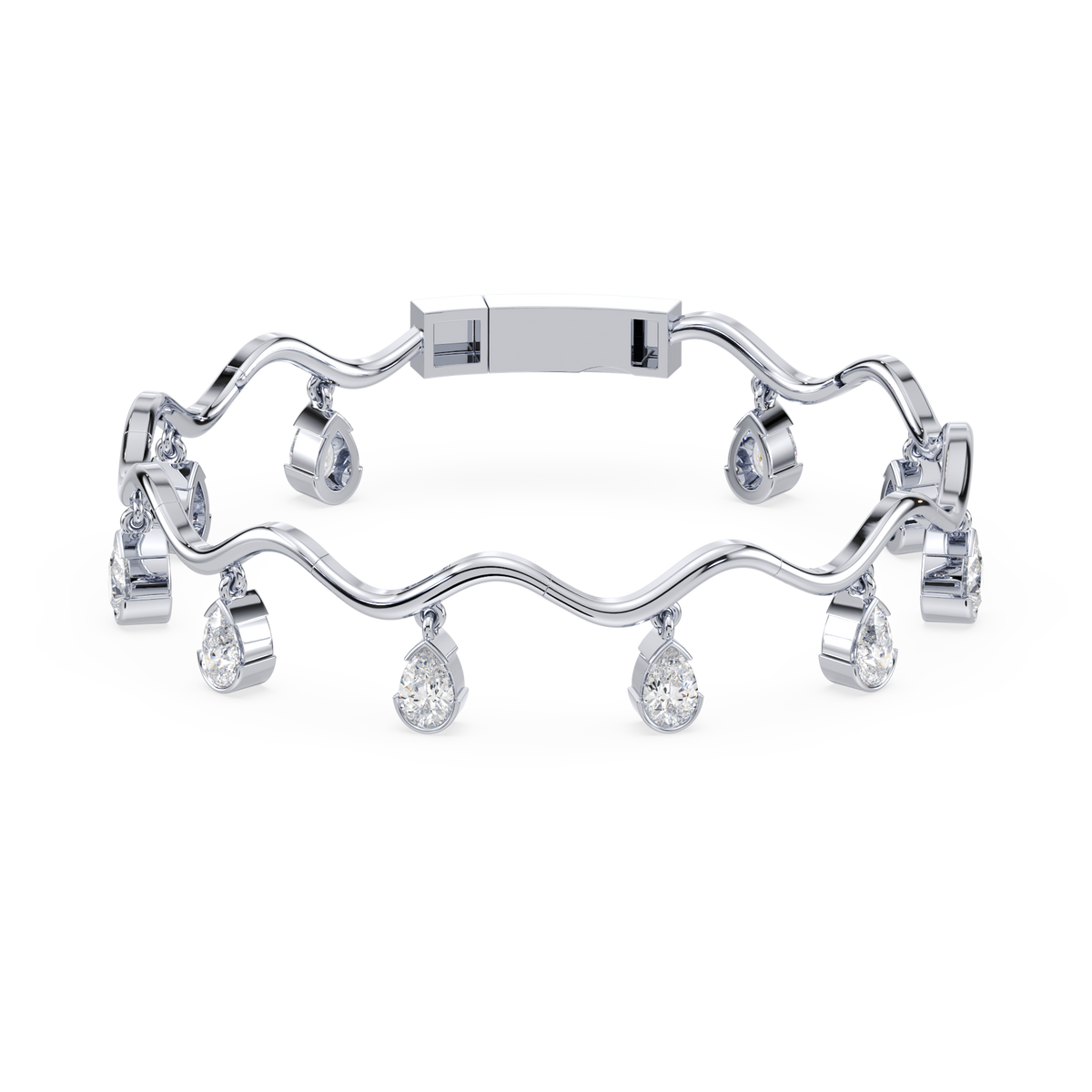 Front view of the Coquette Lab Diamond Fringe Bracelet in 14K white gold, showcasing ten dangling pear-shaped lab-grown diamonds.

