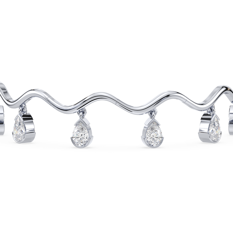 Side profile highlighting the hinged fringe design and sculptural links.

