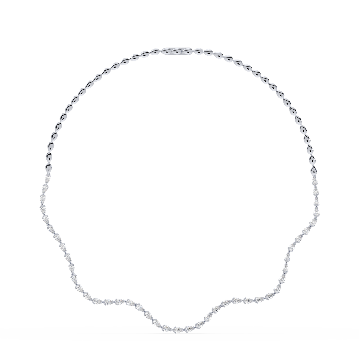 Front view of the Coquette Lab Diamond Tennis Necklace in 14K white gold, showcasing its sculptural wave design.

