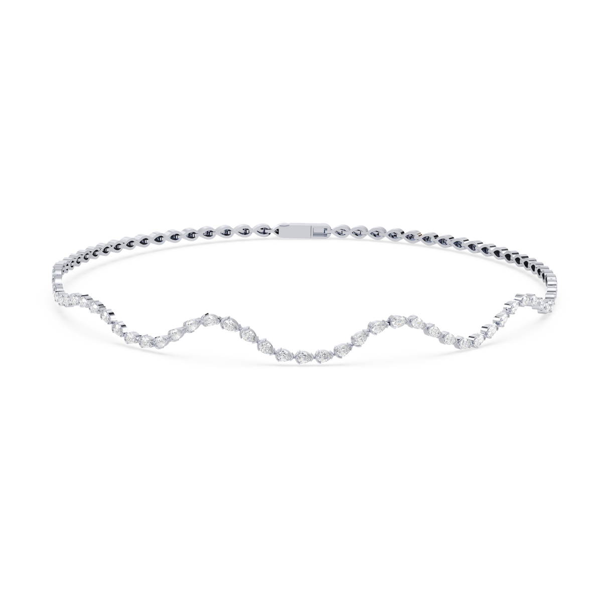 Side profile highlighting the half-bezel settings and pear-shaped lab-grown diamonds.

14k white gold