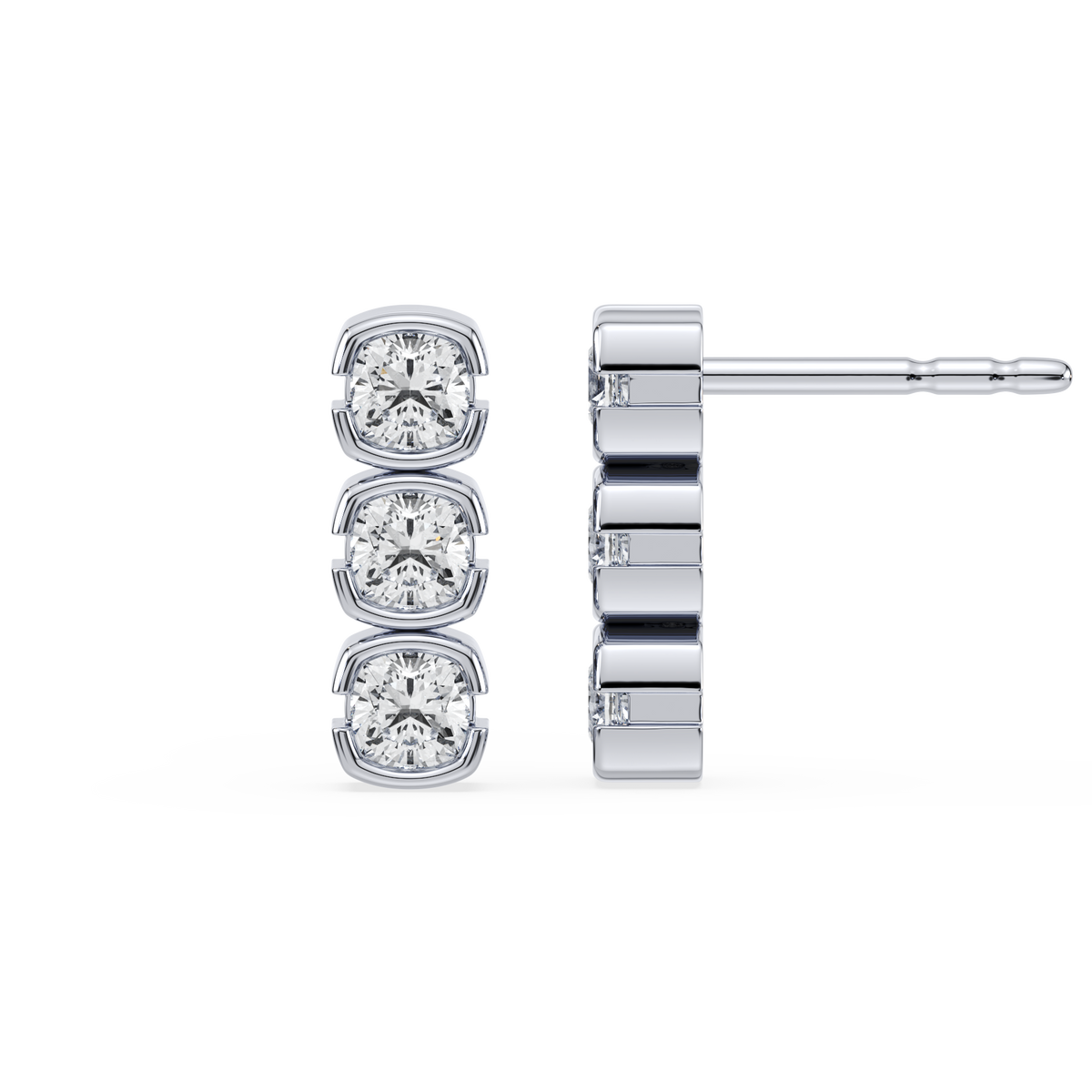 SETTE JEWELRY; MUSE 3 STONE MINI DROP EARRINGS CUSHION LAB DIAMOND BEZEL 14K WHITE GOLD