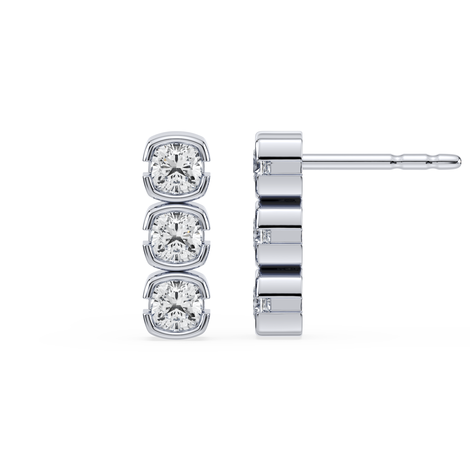 SETTE JEWELRY; MUSE 3 STONE MINI DROP EARRINGS CUSHION LAB DIAMOND BEZEL 14K WHITE GOLD