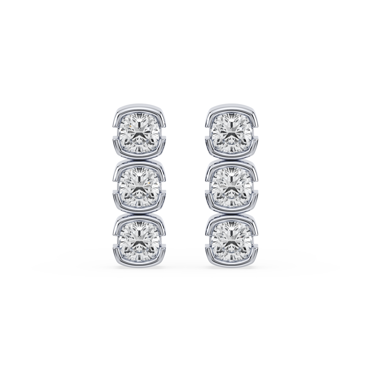 SETTE JEWELRY; MUSE 3 STONE MINI DROP EARRINGS CUSHION LAB DIAMOND BEZEL 14K WHITE GOLD
