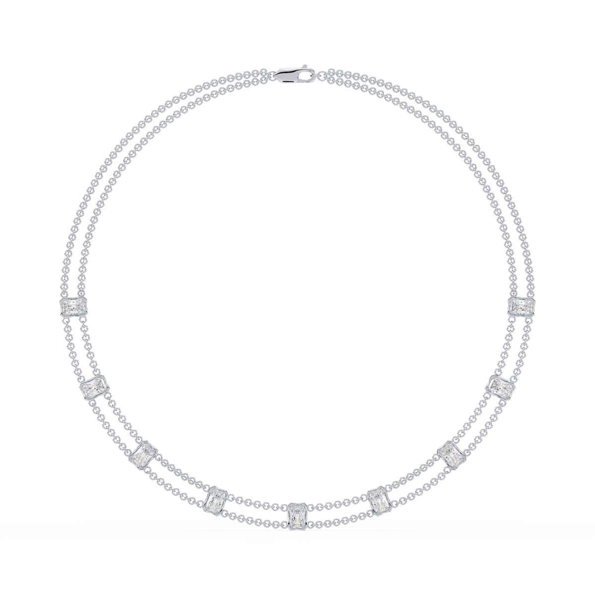 Full view of the Revel Radiant Lab Diamond Choker Necklace in 14K yellow gold, featuring layered dual chains and radiant-cut lab diamonds.

