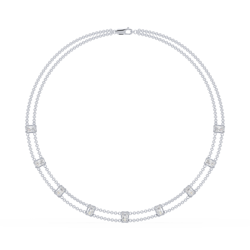 Full view of the Revel Radiant Lab Diamond Choker Necklace in 14K yellow gold, featuring layered dual chains and radiant-cut lab diamonds.

