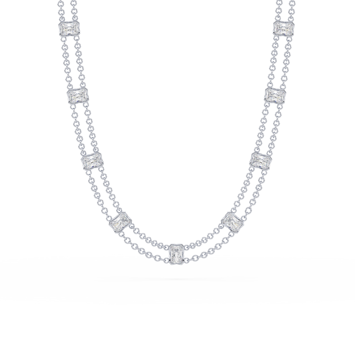 Full view of the Revel Radiant Lab Diamond Choker Necklace in 14K yellow gold, featuring layered dual chains and radiant-cut lab diamonds.

