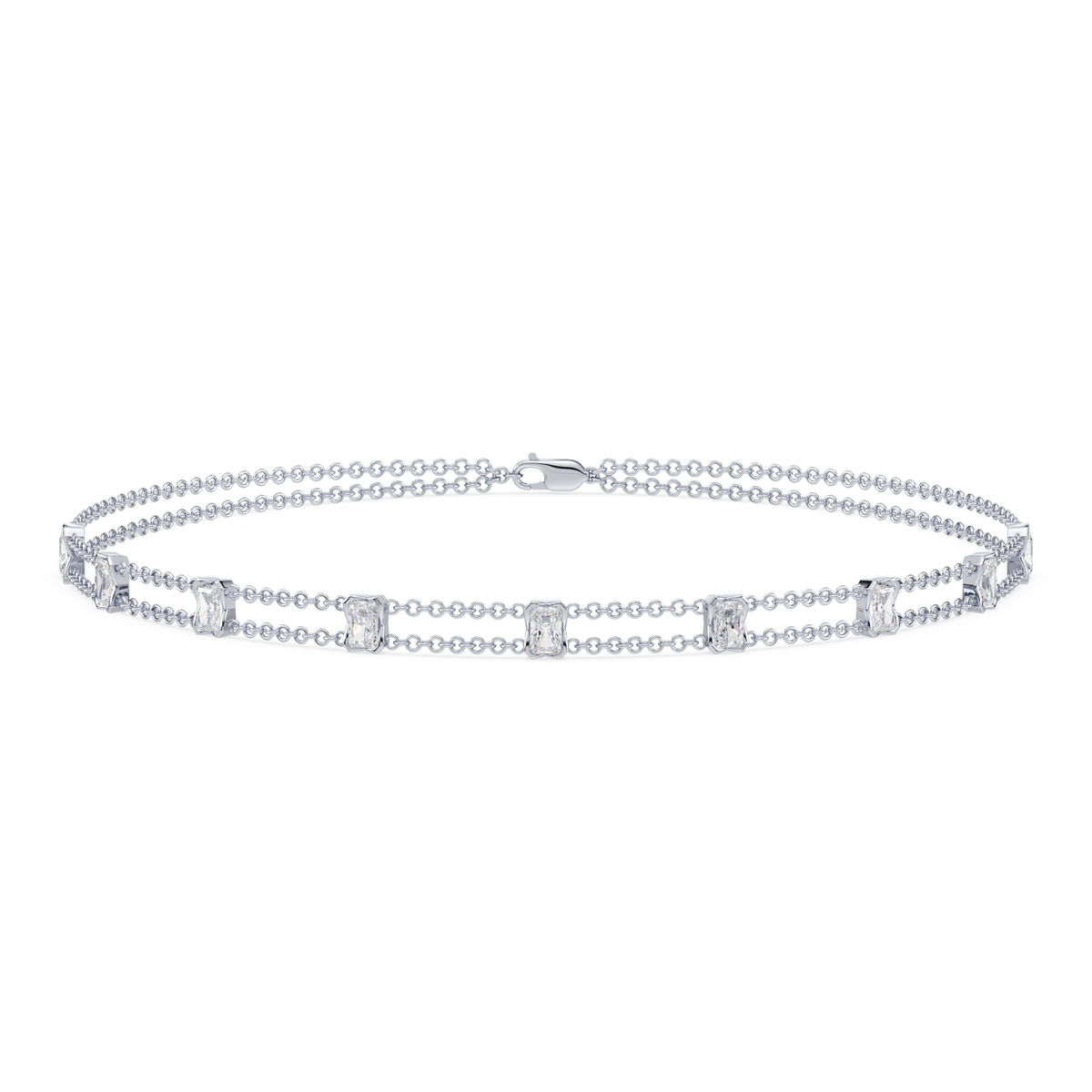 Full view of the Revel Radiant Lab Diamond Choker Necklace in 14K yellow gold, featuring layered dual chains and radiant-cut lab diamonds.

